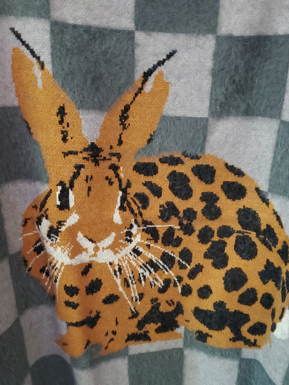 Lala Fur Real Checkerboard Sweater with Leopard Rabbit Motif - Gray & Lavender - Picture 6 of 7